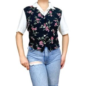 Vintage Made in USA Floral Tie Back Faux Vest Collared Button Down Shirt